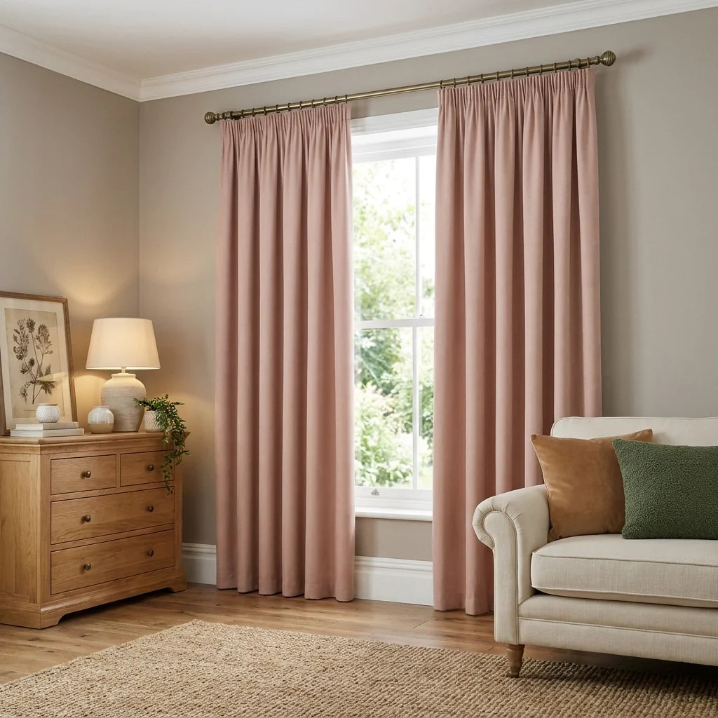 Pink Chenille Thermal Blackout Pencil Pleat Curtains