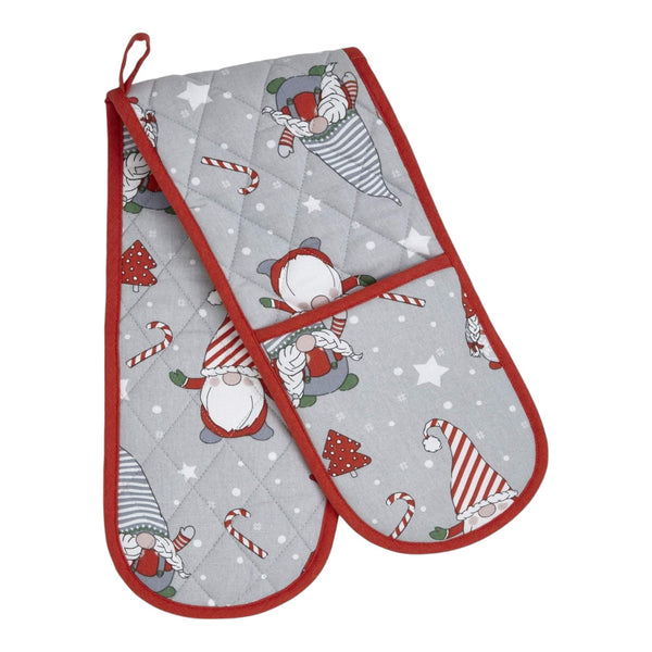 Christmas Gnomes Double Oven Glove Grey