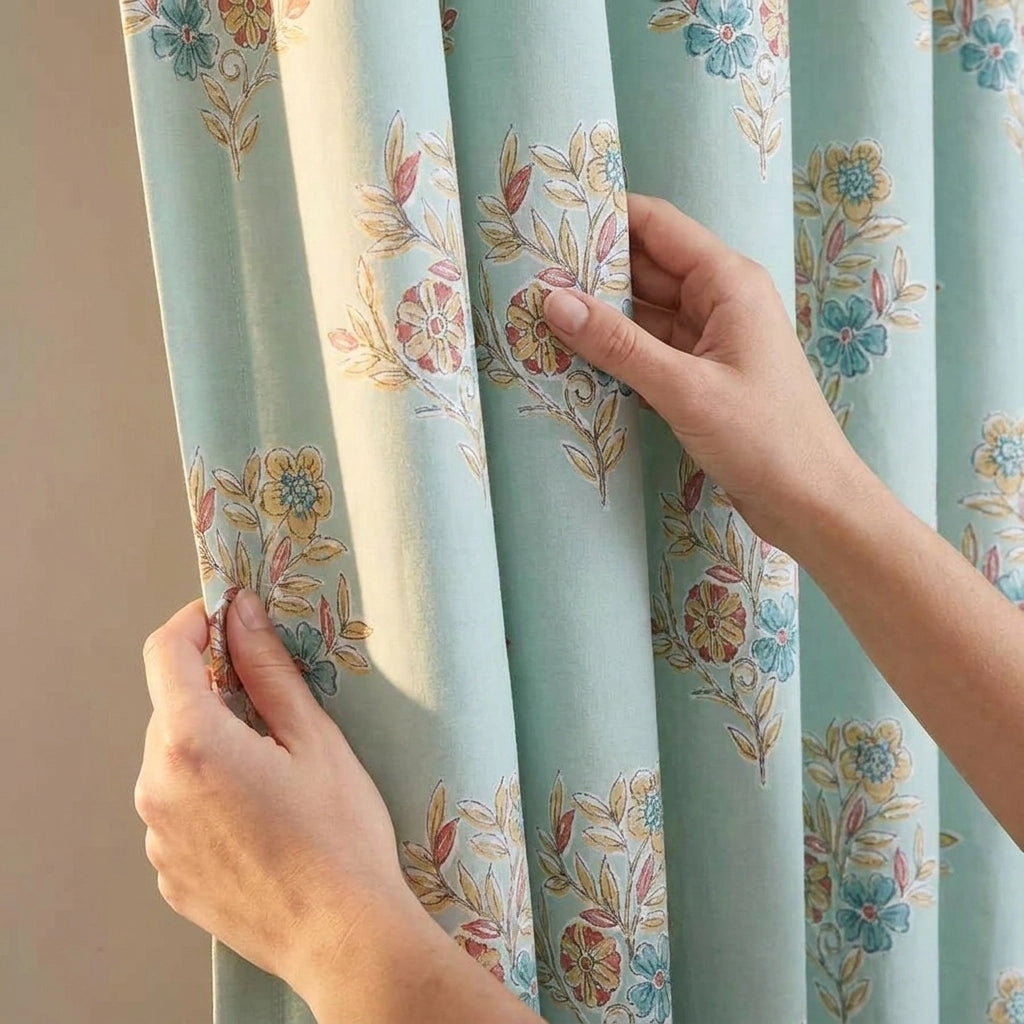 Lorena Patchwork Floral Duck Egg Pencil Pleat Curtains 3