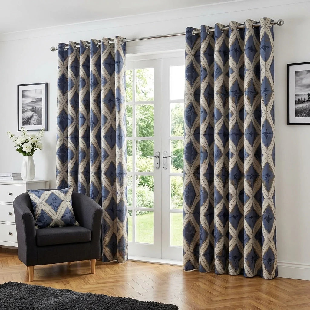Matrix Blue / Gold Eyelet Curtains