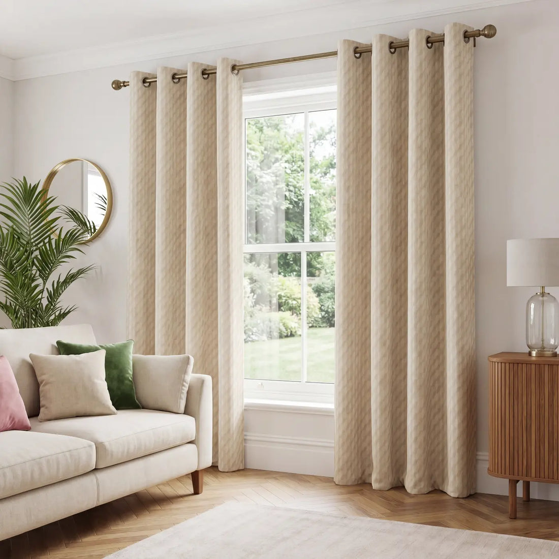 Tokyo Cream Velvet Dimout Eyelet Curtains Embossed
