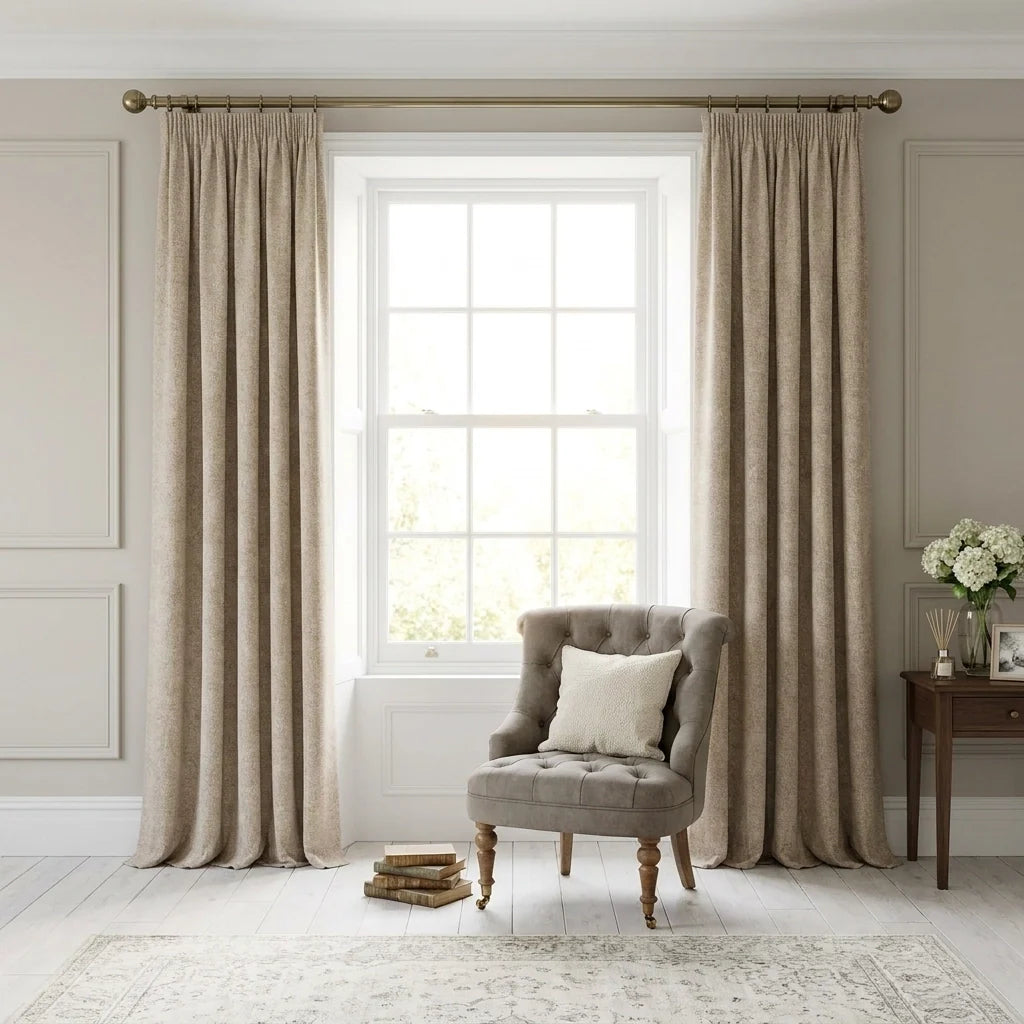 Dallas Lined Pencil Pleat Curtains Linen Look Natural Thermal Blackout