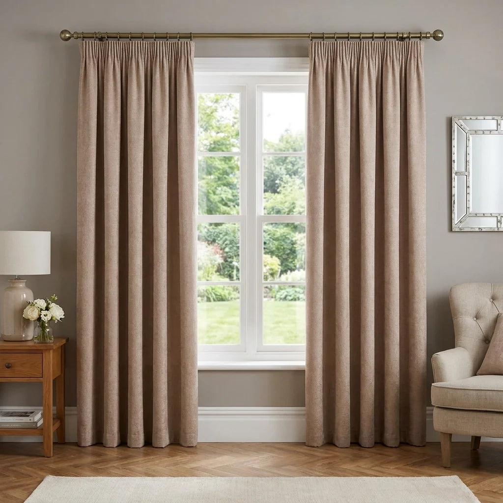 Matrix Dim Out Latte Thermal Blackout Pencil Pleat Curtains Linen Look