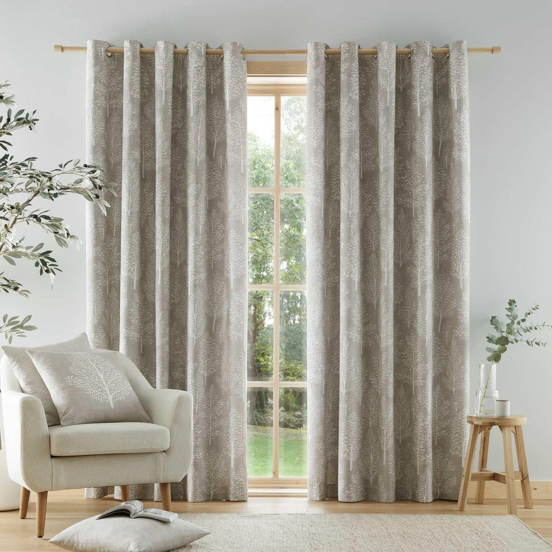 Catherine Lansfield Alder Trees Green Natural 100% Cotton Eyelet Curtains