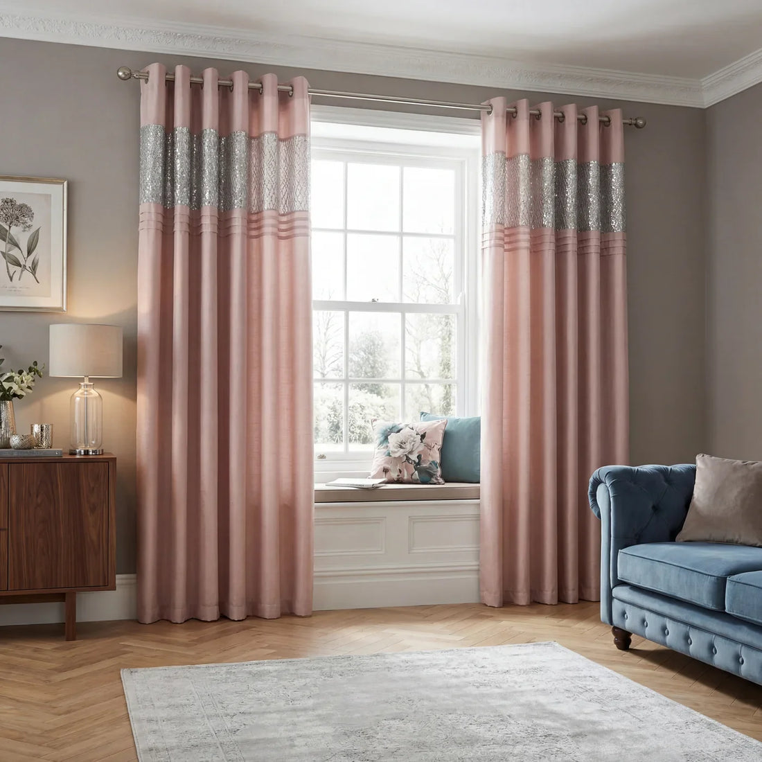 Charleston Glitter Blush Pink Eyelet Curtains