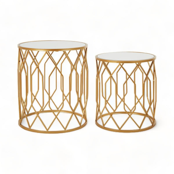 Set of 2 Geometric Gold Side Tables with Mirrored Glass