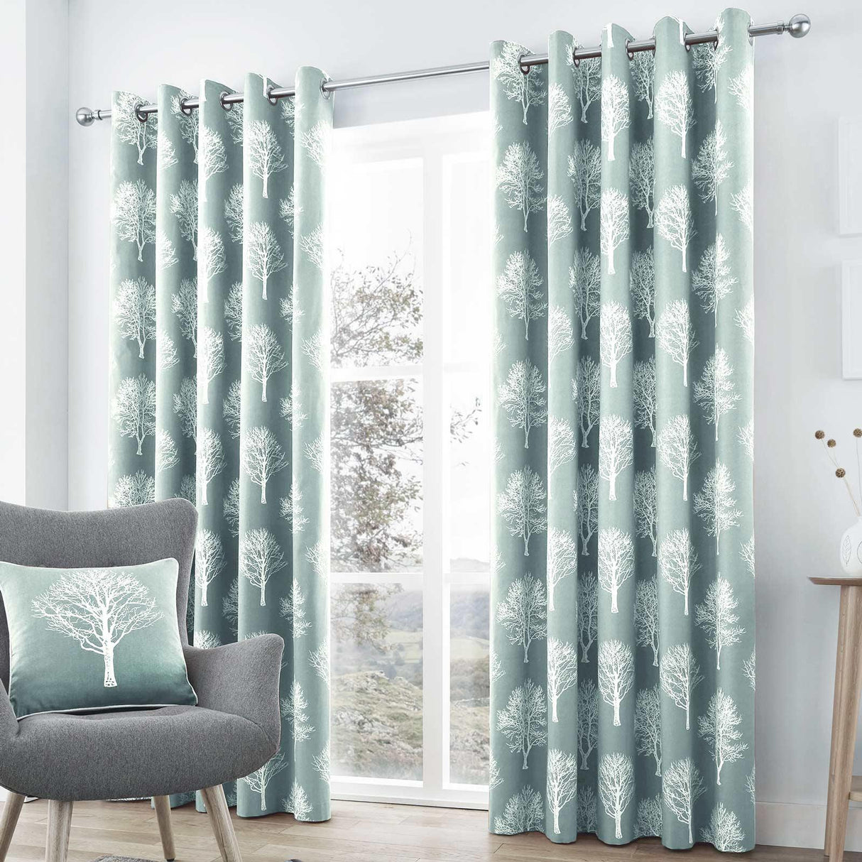 Woodland Trees Ready Made Eyelet Curtains - Duck Egg