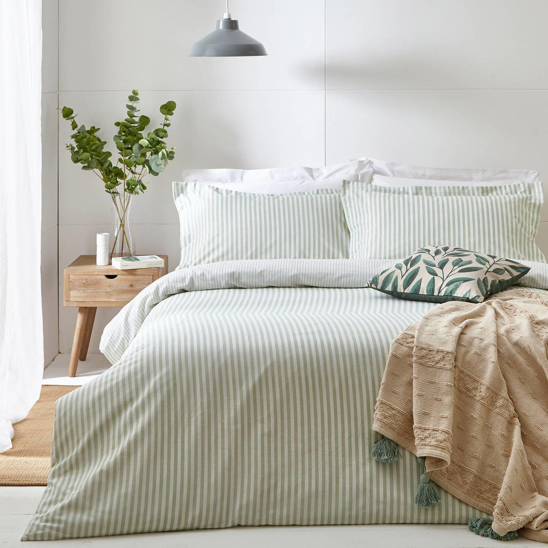 Hebden Mélange Stripe Eucalyptus 100% Cotton Duvet Cover Bedding Set