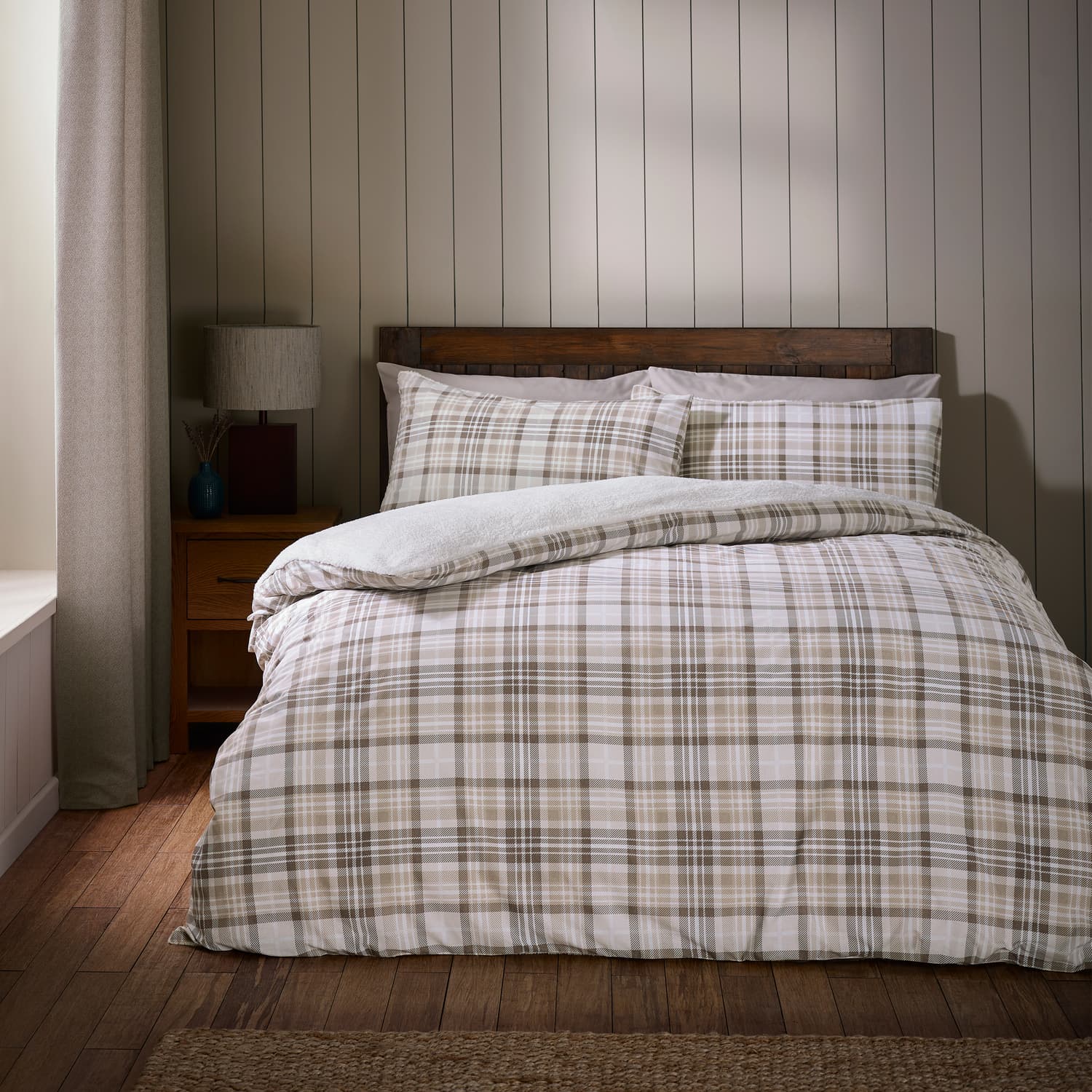Catherine Lansfield Cosy Sherpa Check Duvet Cover Set - Cosy Sherpa Check Natural Duvet Set