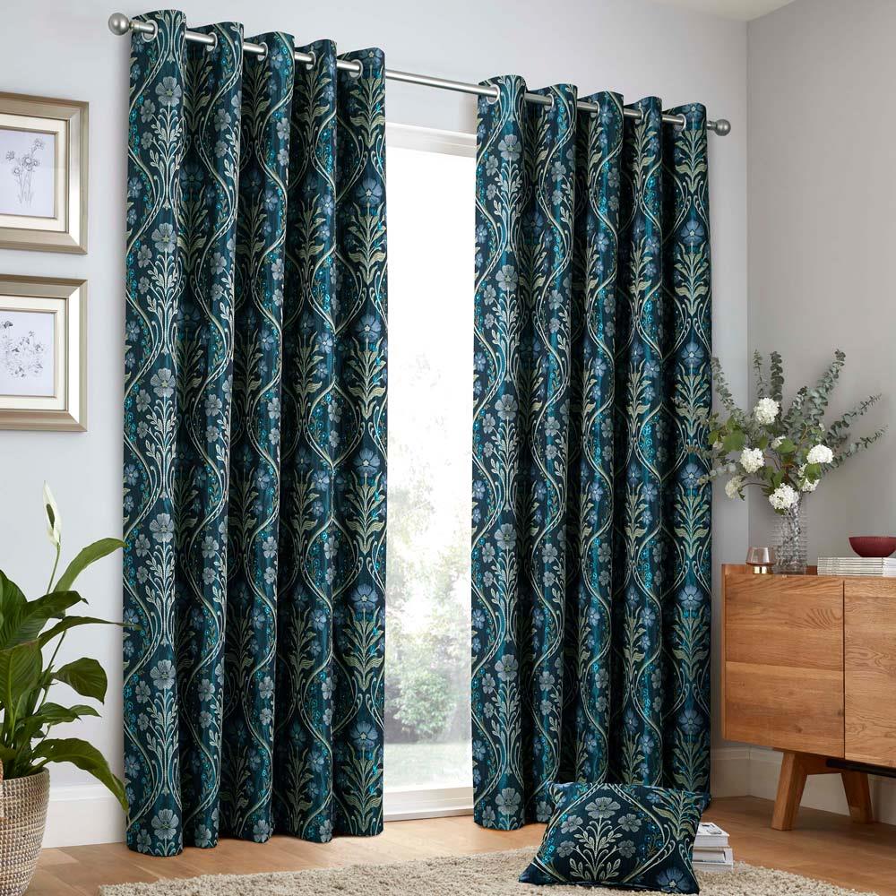 Estelle Floral Woven Lined Navy Eyelet Curtains