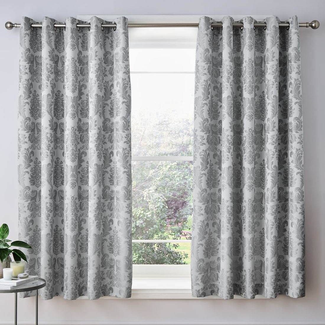 Catherine Lansfield Damask Jacquard Silver Eyelet Curtains
