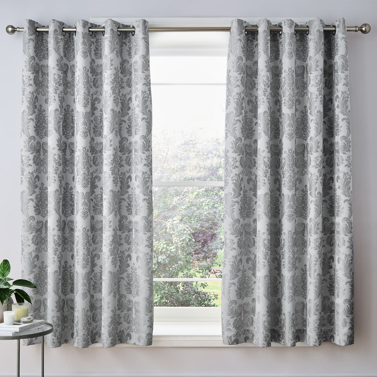 Catherine Lansfield Damask Jacquard Eyelet Curtains - Silver - Damask Jacquard Curtains Silver