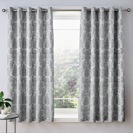 Catherine Lansfield Damask Jacquard Eyelet Curtains - Silver - Damask Jacquard Curtains Silver
