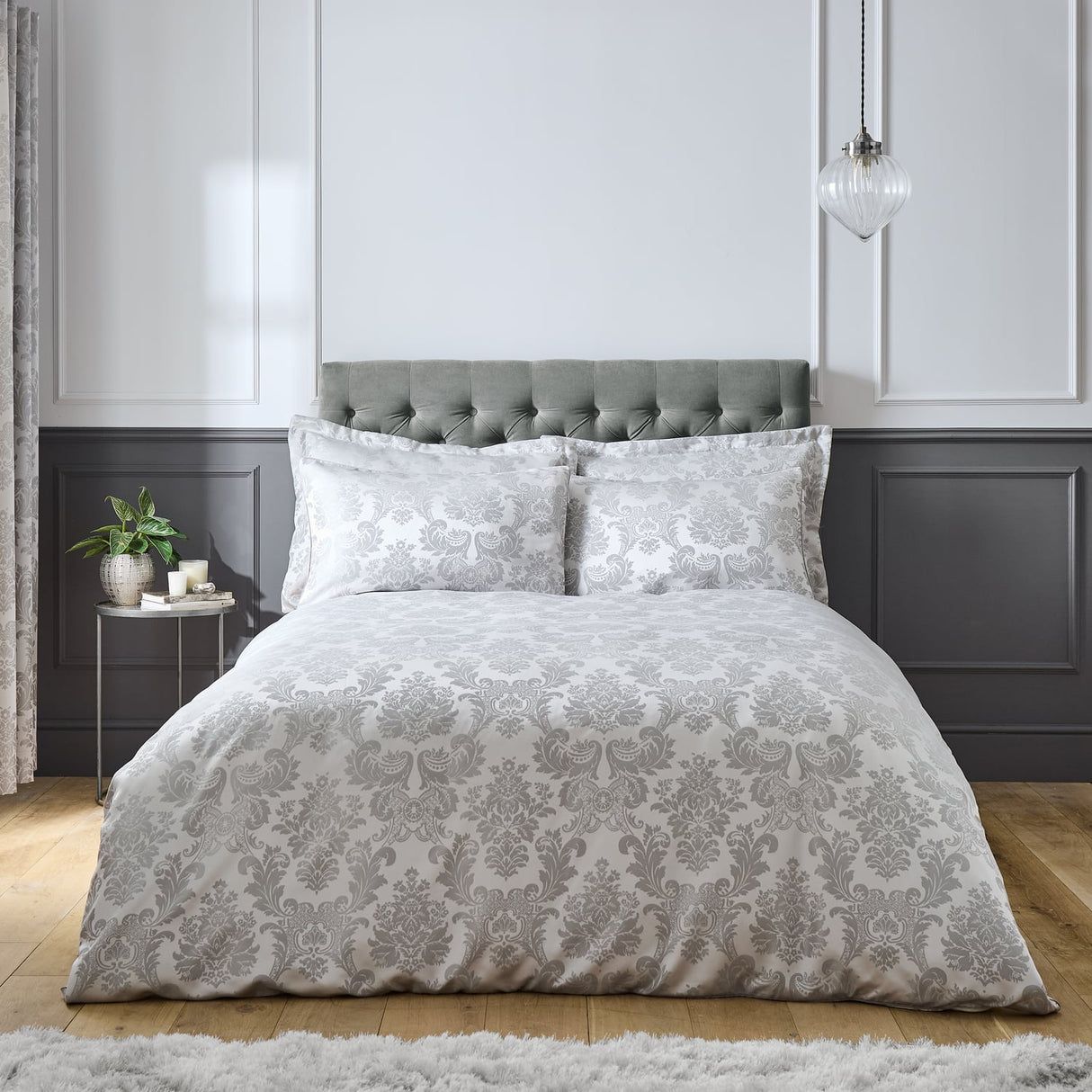Catherine Lansfield Damask Jacquard Silver Duvet Cover Bedding Set - Damask Jacquard Duvet Set Silver