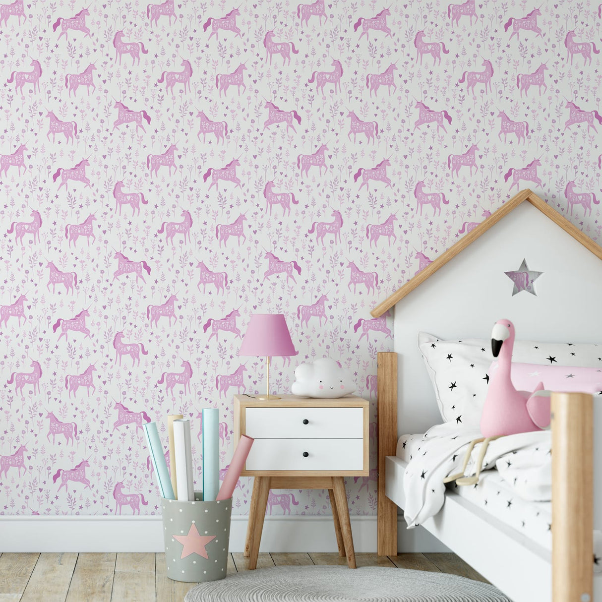 Catherine Lansfield Folk Unicorn Pink Wallpaper - Folk Unicorn