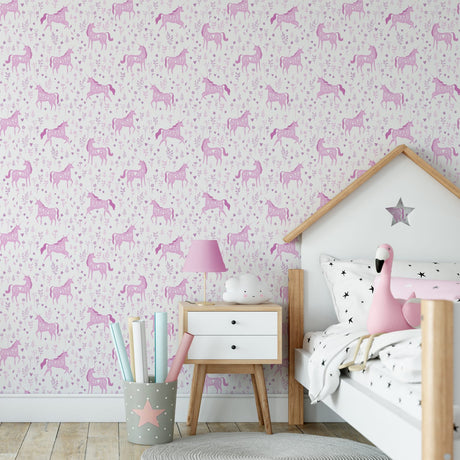 Catherine Lansfield Folk Unicorn Pink Wallpaper - Folk Unicorn