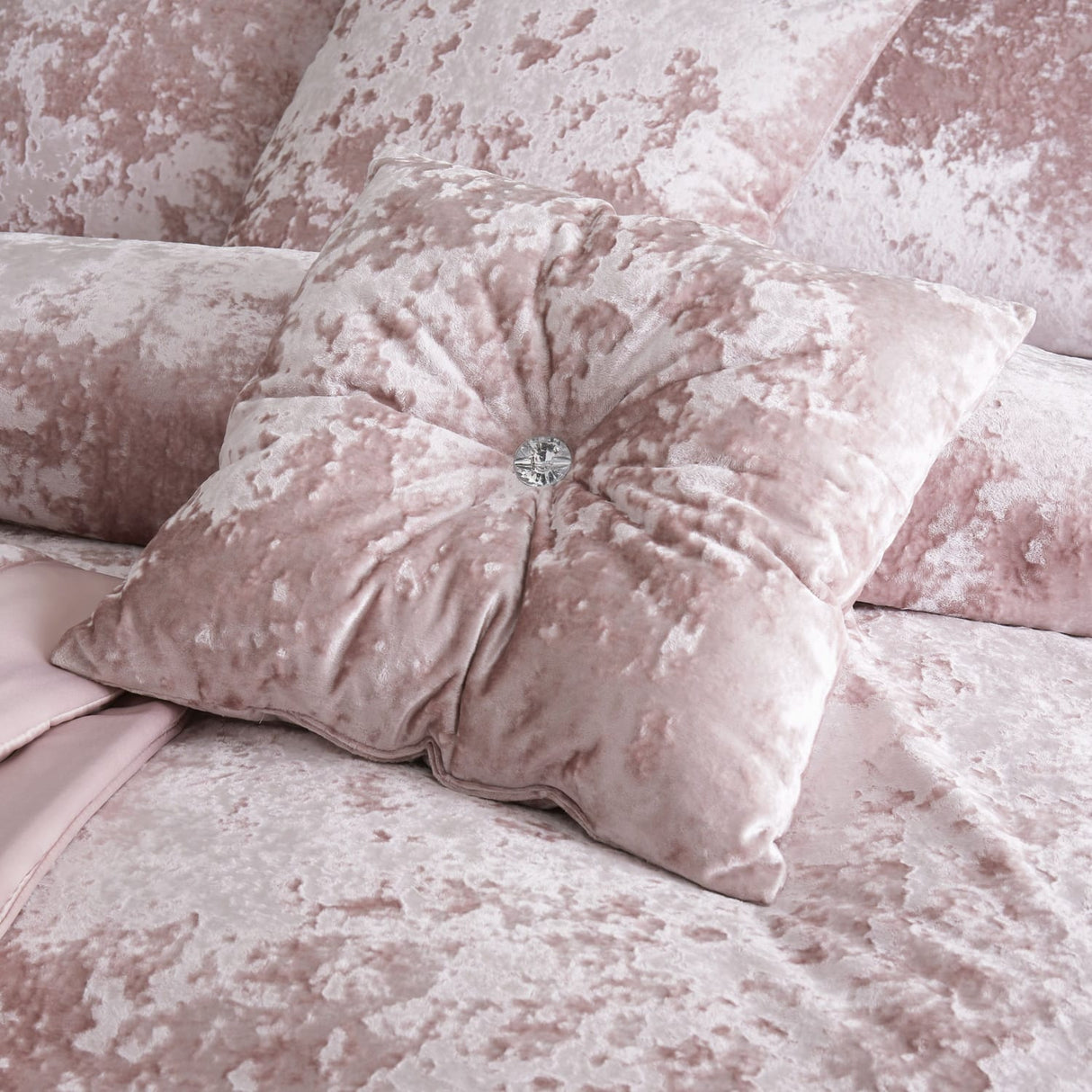 Catherine Lansfield Diamante Filled Cushion 45cm x 45cm - Blush - Crushed Velvet Blush Button Cushion
