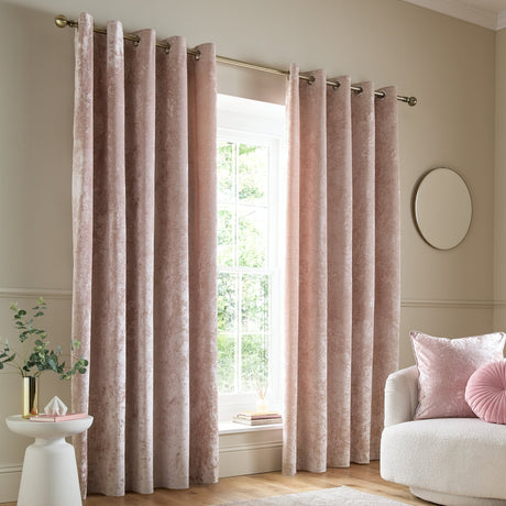 Catherine Lansfield Crushed Velvet Lined Eyelet Curtains - Blush - Crushed Velvet Curtains Blush