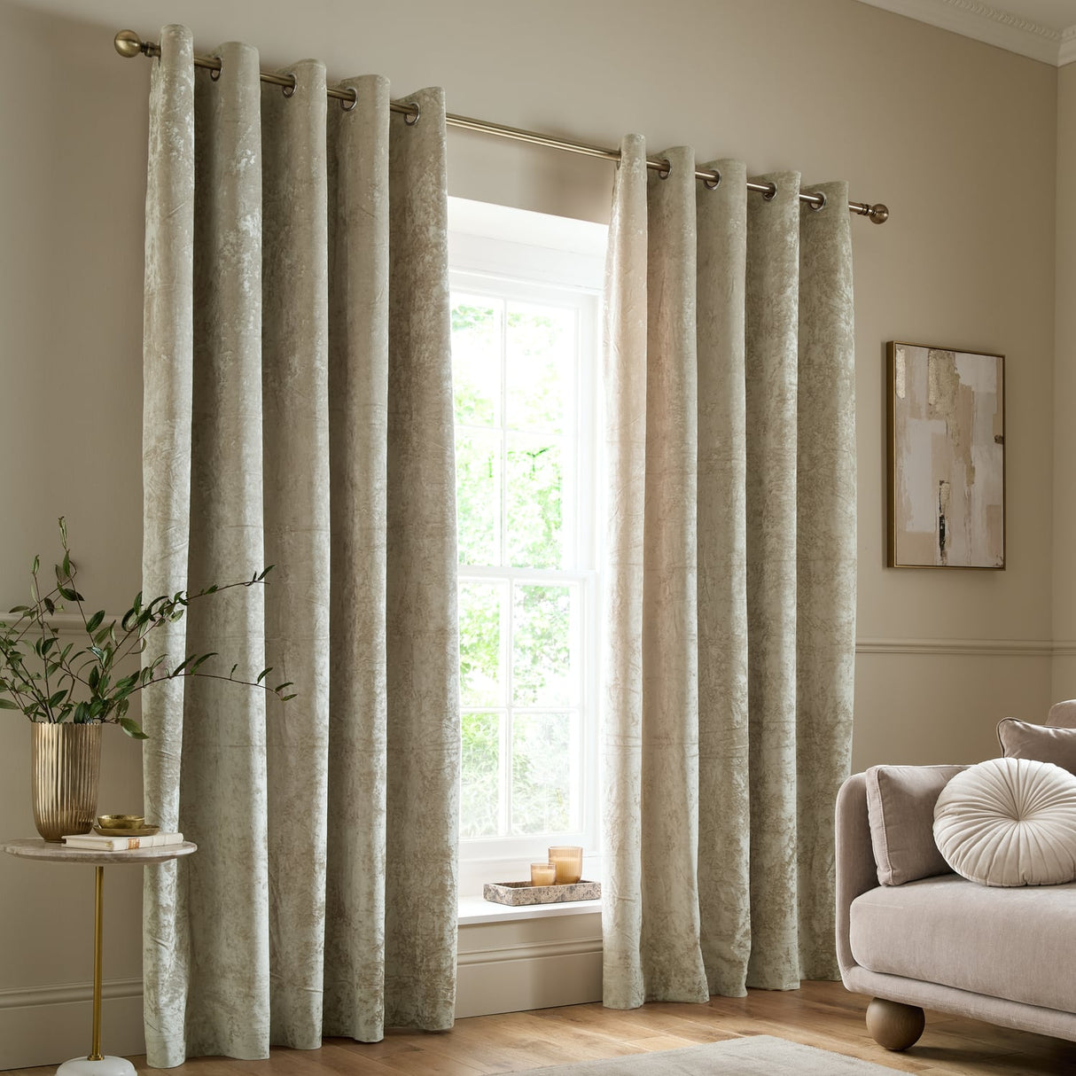 Catherine Lansfield Crushed Velvet Lined Eyelet Curtains - Natural - Crushed Velvet Curtains Natural Dup1