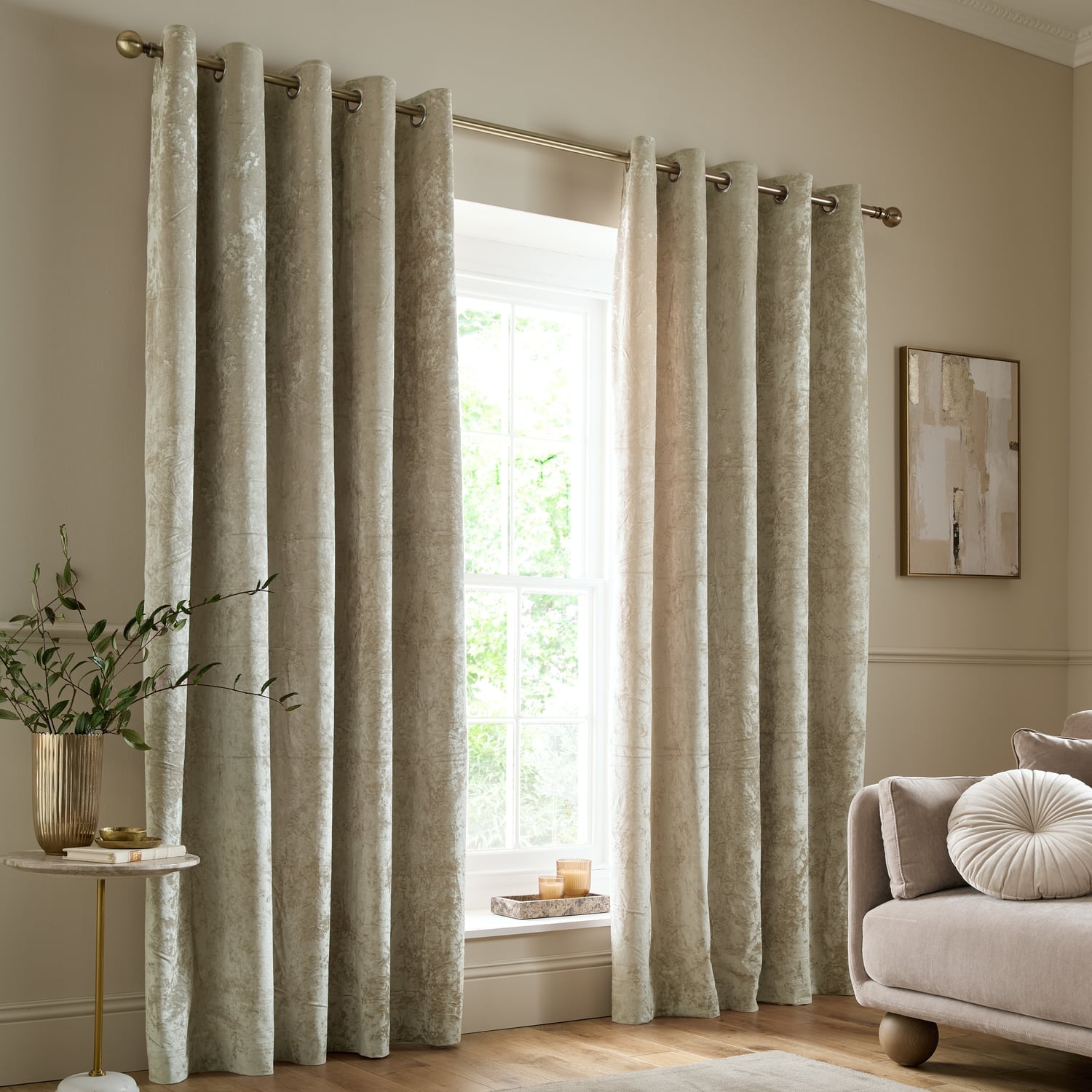 Catherine Lansfield Crushed Velvet Lined Eyelet Curtains - Natural - Crushed Velvet Curtains Natural Dup1
