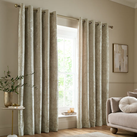 Catherine Lansfield Crushed Velvet Lined Eyelet Curtains - Natural - Crushed Velvet Curtains Natural Dup1