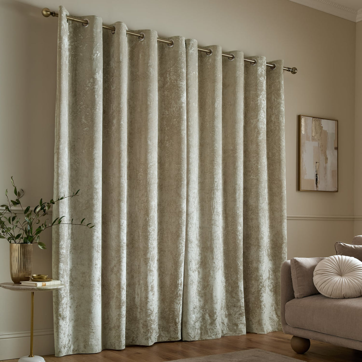 Catherine Lansfield Crushed Velvet Lined Eyelet Curtains - Natural - Crushed Velvet Curtains Natural Dup1