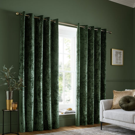 Catherine Lansfield Crushed Velvet Lined Eyelet Curtains - Silver - Crushed Velvet Curtains Olive