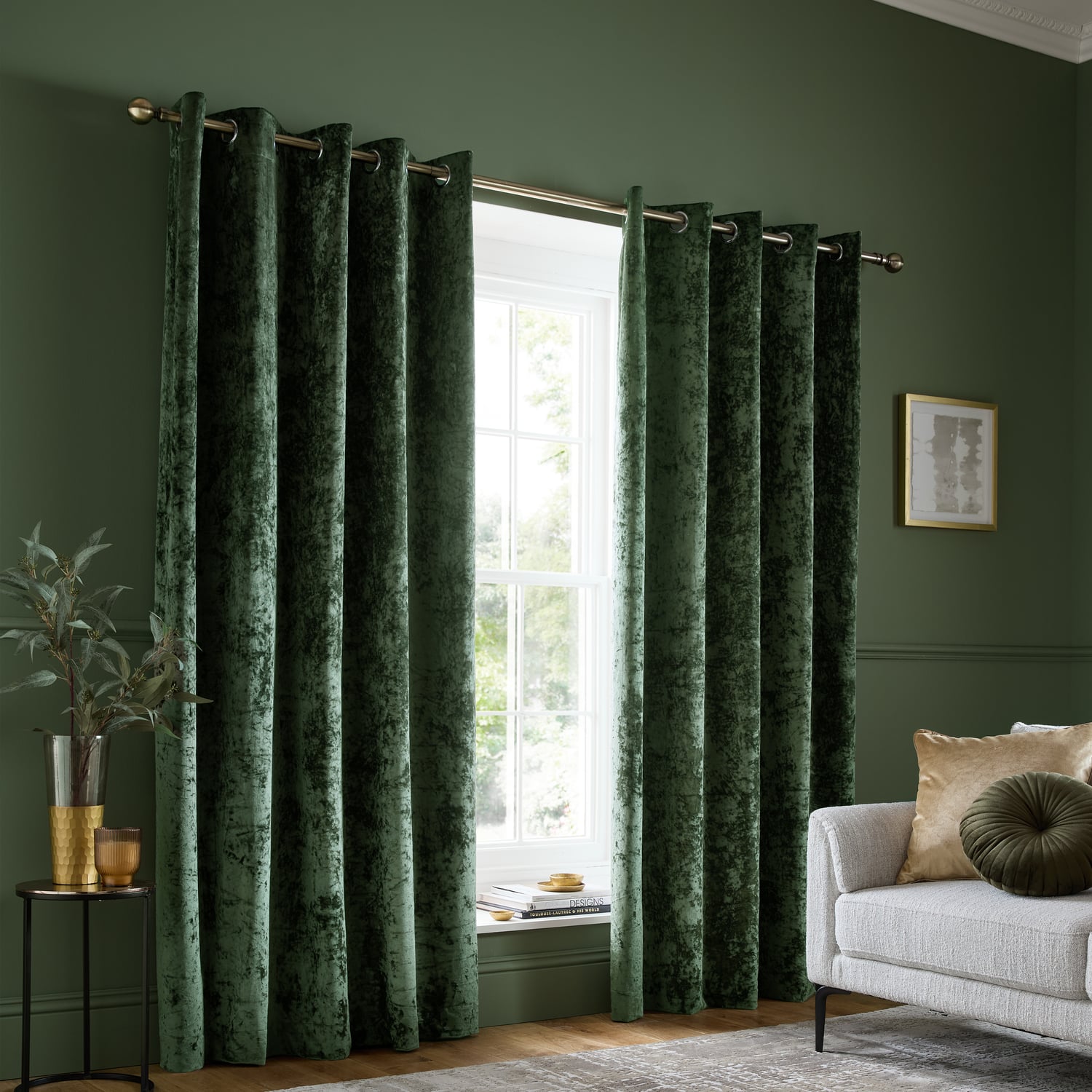 Catherine Lansfield Crushed Velvet Lined Eyelet Curtains - Natural - Crushed Velvet Curtains Olive