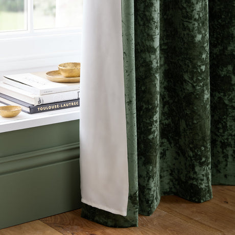 Catherine Lansfield Crushed Velvet Lined Eyelet Curtains - Natural - Crushed Velvet Curtains Olive