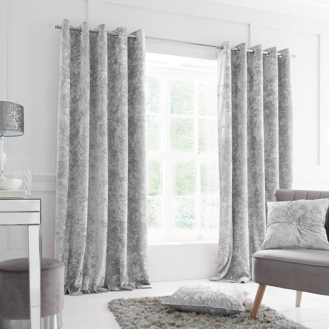 Catherine Lansfield Crushed Lined Silver Velvet Eyelet Curtains