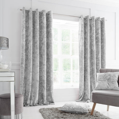 Catherine Lansfield Crushed Velvet Lined Eyelet Curtains - Silver