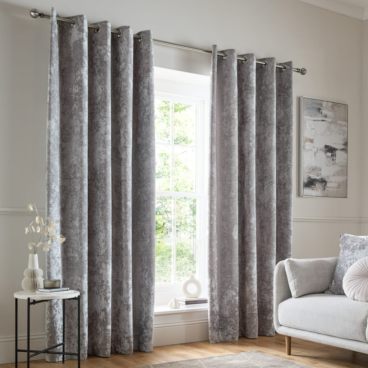 Catherine Lansfield Crushed Velvet Lined Eyelet Curtains - Silver - Crushed Velvet Curtains Silver Dup1