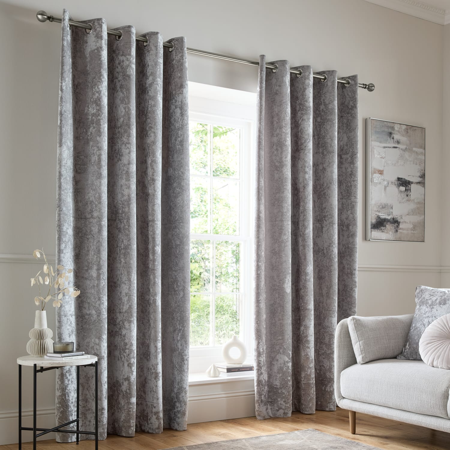 Catherine Lansfield Crushed Velvet Lined Eyelet Curtains - Silver - Crushed Velvet Curtains Silver Dup1