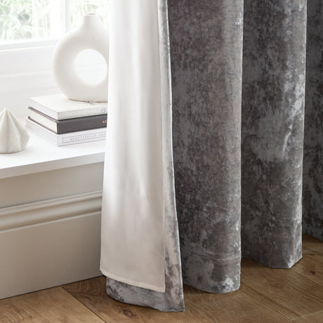 Catherine Lansfield Crushed Velvet Lined Eyelet Curtains - Silver - Crushed Velvet Curtains Silver