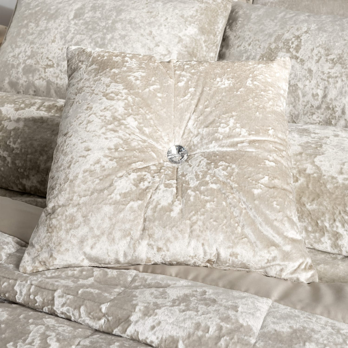 Catherine Lansfield Diamante Filled Cushion 45cm x 45cm - Natural - Crushed Velvet Cushion Natural (1)