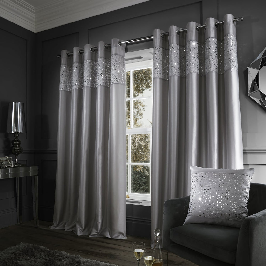 Catherine Lansfield Glitzy Grey Eyelet Curtains