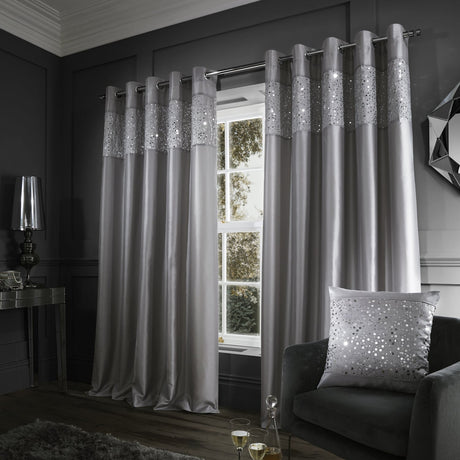 Catherine Lansfield Glitzy Eyelet Curtains - Grey Light Filtering - Glitzy Curtains Grey