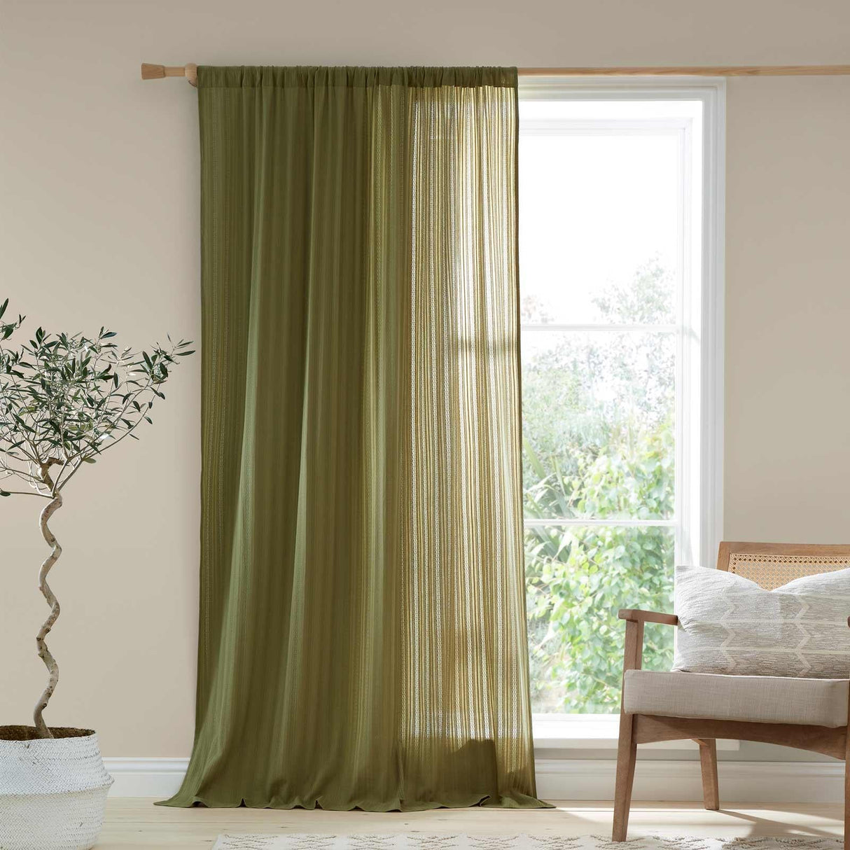 Pineapple Elephant Zofia Broderie Anglaise Voile Curtain Panel - Olive