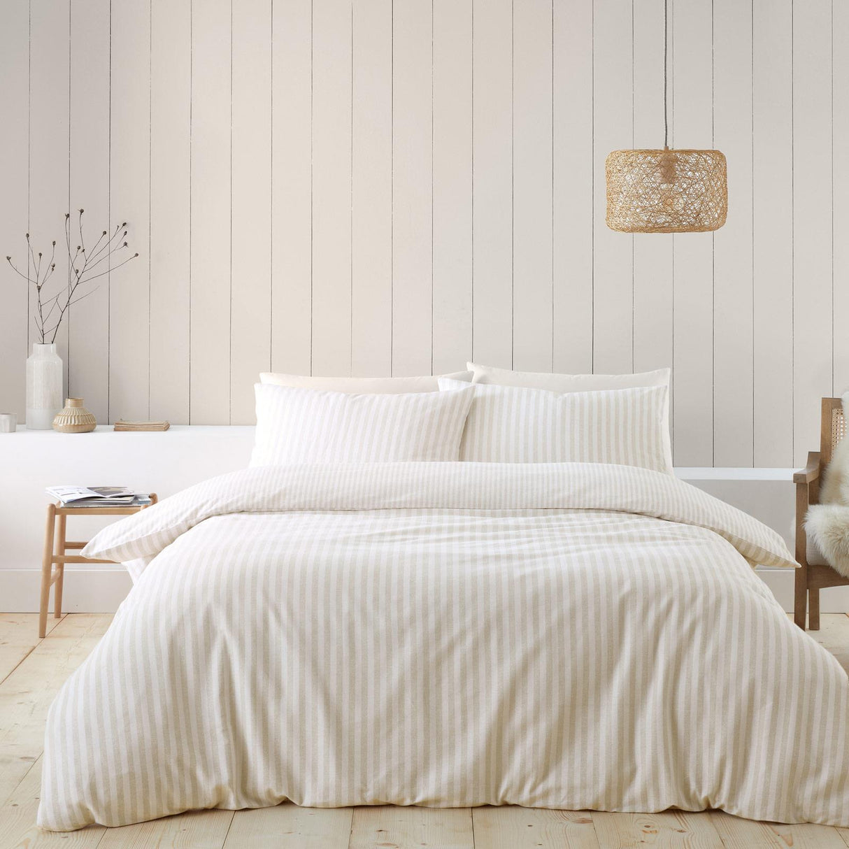 Catherine Lansfield Stripe Brushed Cotton Flannelette Duvet Cover Set - Natural