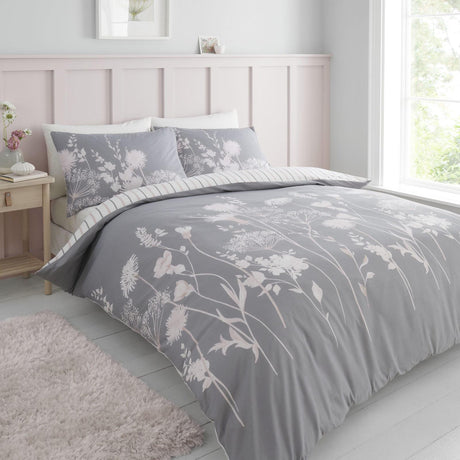 Catherine Lansfield Meadowsweet Floral Reversible Duvet Cover Set - Grey & Pink