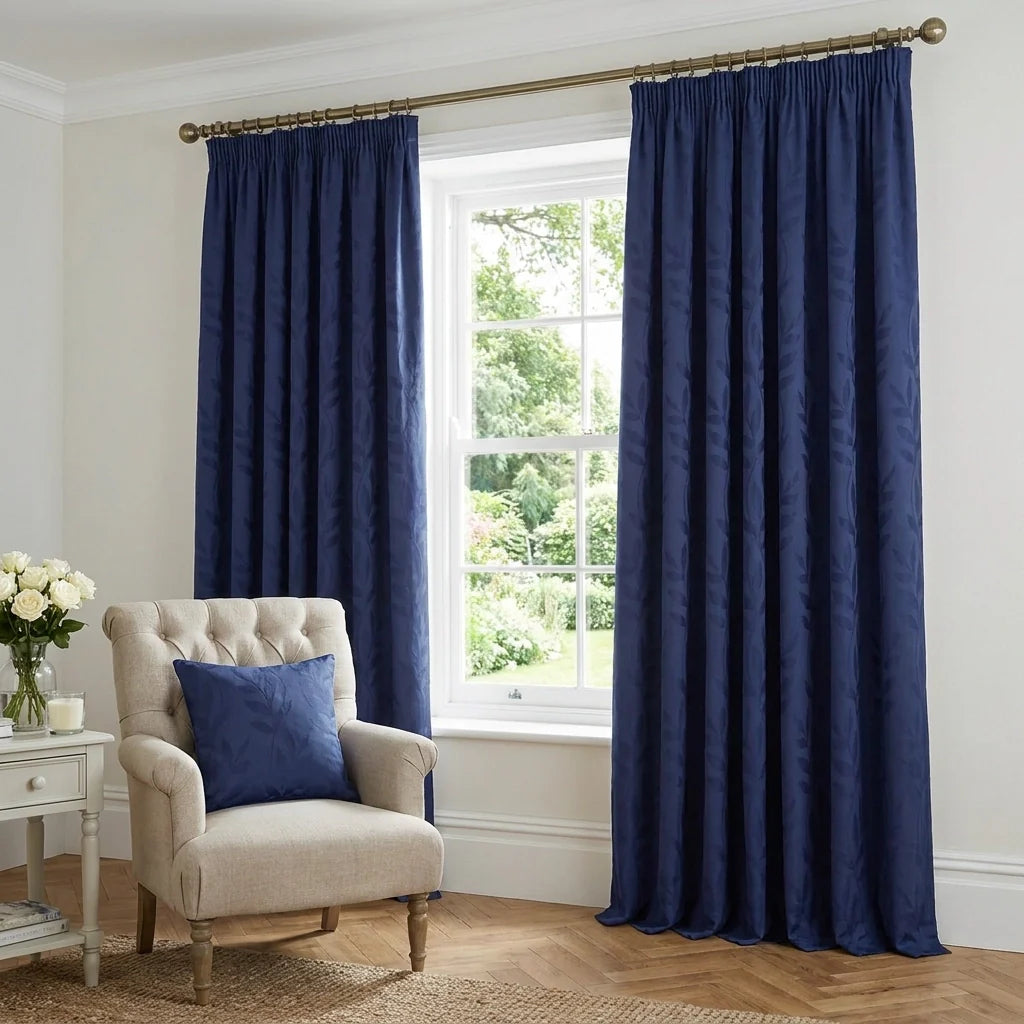 Tivoli Leaf Jacquard Lined Navy Pencil Pleat Curtains