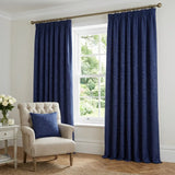 Tivoli Leaf Jacquard Lined Tape Top Pencil Pleat Curtains - Navy