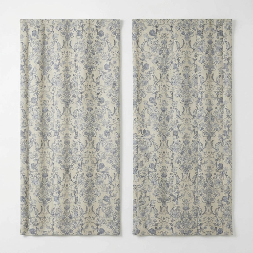 Averie Blue Floral 100% Cotton Pencil Pleat Curtains 4