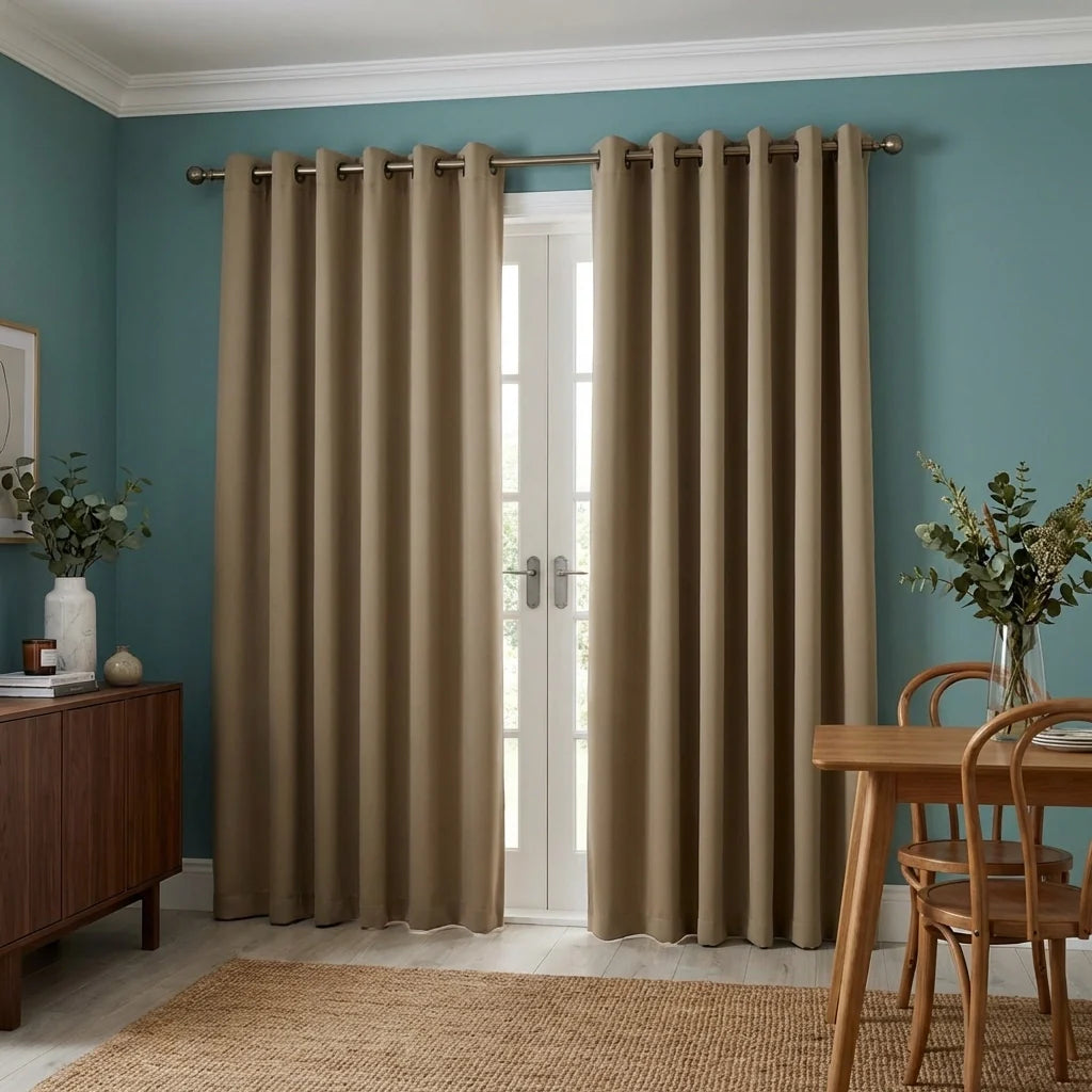 Elise Room Darkening Beige Thermal Blackout Eyelet Curtains