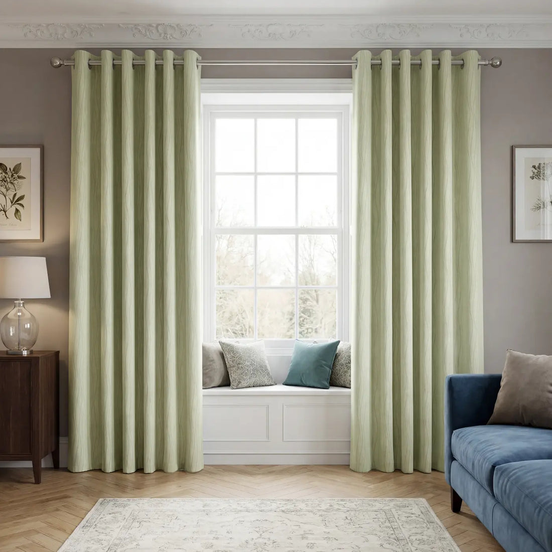 Goodwood Green Thermal Blackout Eyelet Curtains Embossed