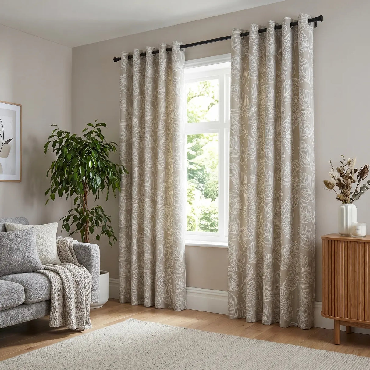 Matteo Leaf Ready Made Cotton Eyelet Curtains - Natural