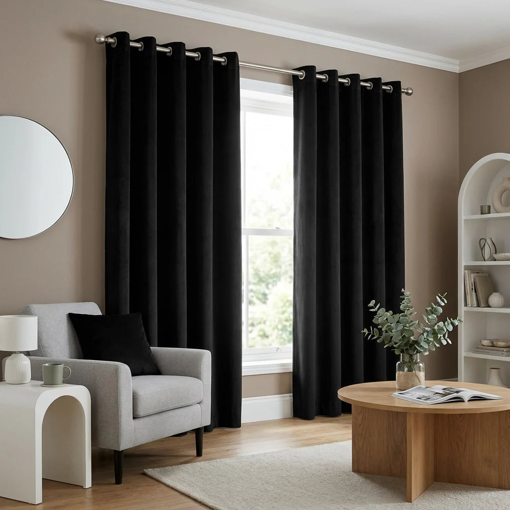 Hampton Black Velvet Thermal Blackout Eyelet Curtains