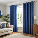 Chenille Blackout Lined Eyelet Curtains - Blue