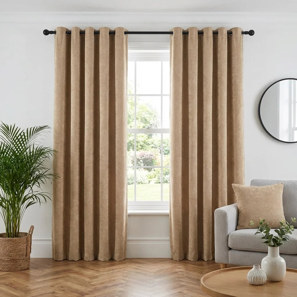 Beige Chenille Thermal Blackout Eyelet Curtains