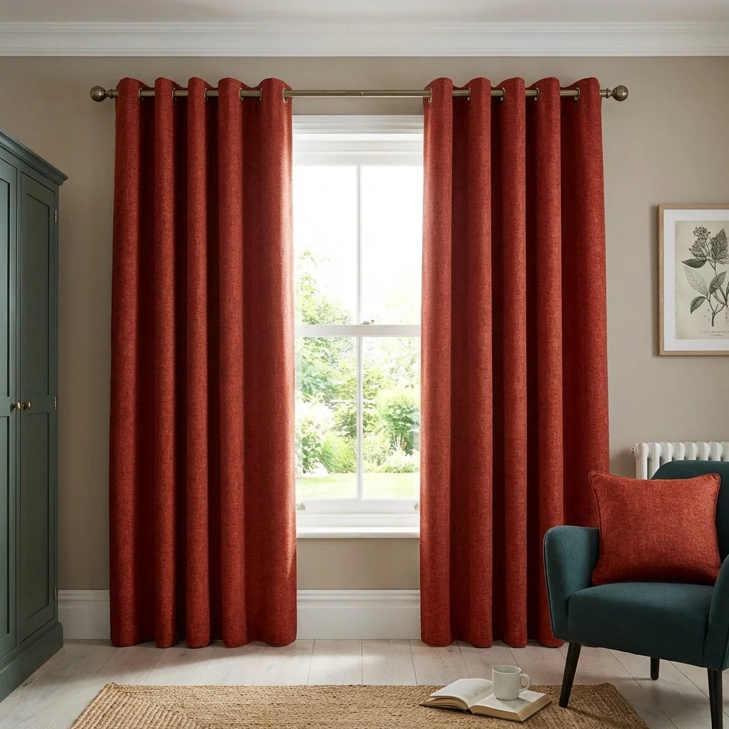 Amberley Terracotta Chenille Thermal Eyelet Curtains Heavyweight
